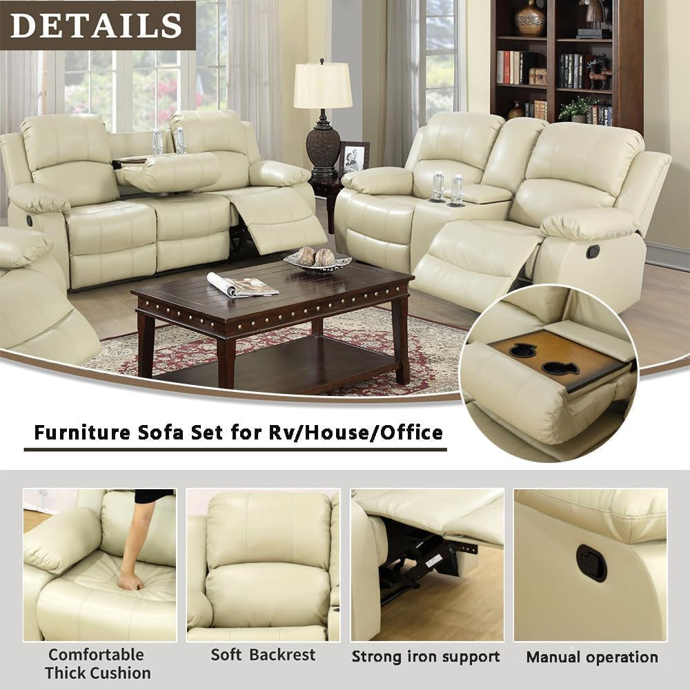 Bonded Leather Living Room Furniture Set Reclining Sofa Set Loveseat Furniture Sets in Living Room Sofa Recliners (Sofa+Loveseat, Beige)-2
