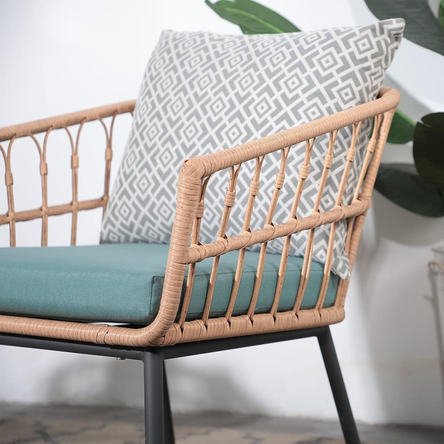 3 Piece Patio Furniture Outdoor Conversation Bistro Set with Tempered Coffee Table and Wicker Chairs for Garden Balcony Backyard Yard Poolside, Green (QX-MA-WF-001)-3