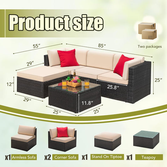 5 Piece Patio Conversation Set Wicker Rattan Furniture Outdoor Sofa with Cushions,Pillows & Glass Table for Porch,Lawn and Yard, Light Beige-1