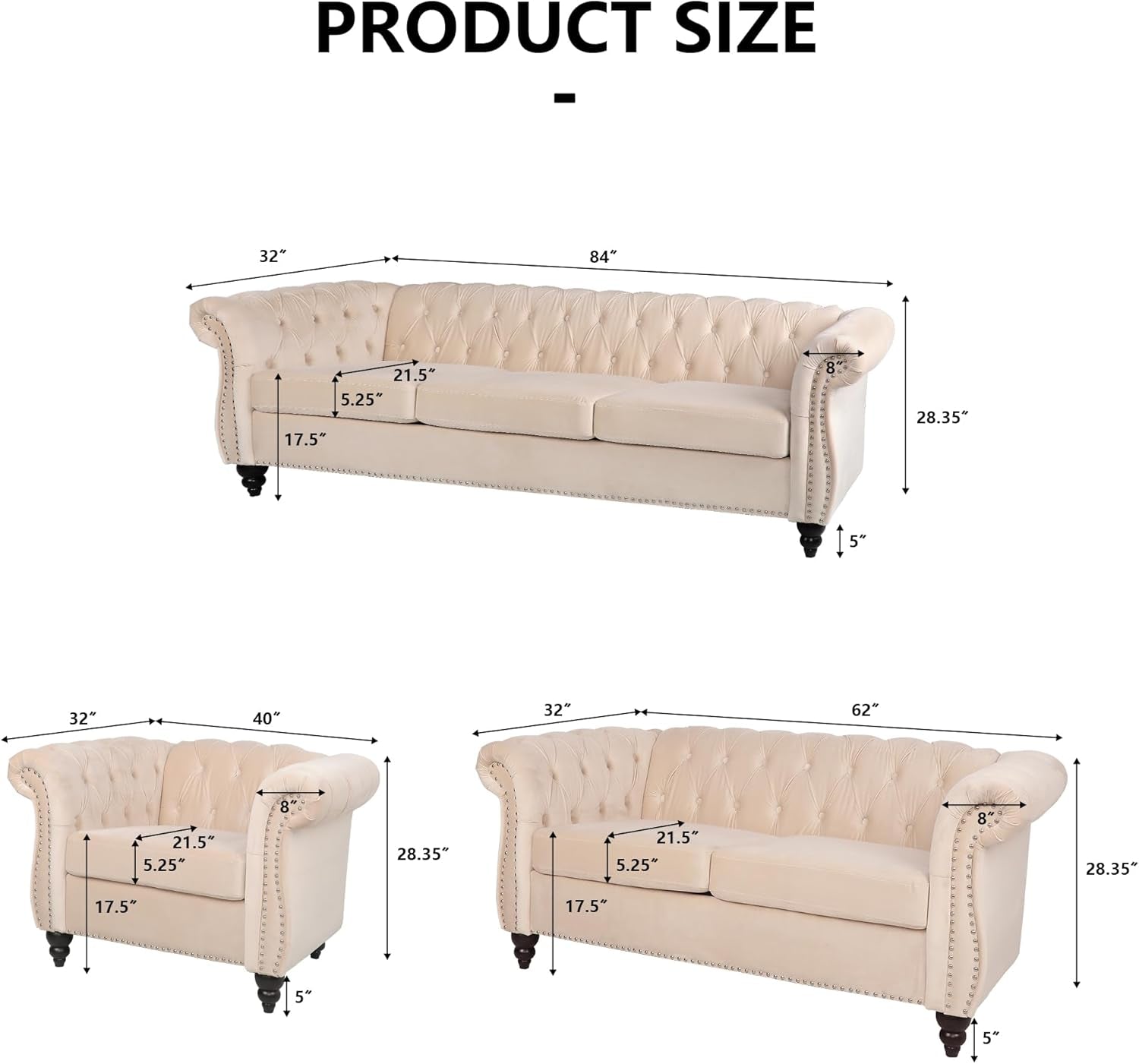 3 Pieces of Living Room Furniture Sofa Sets, Modern Velvet Chesterfield Sofa&Chesterfield Club Chair&Chesterfield Loveseat Sofas Set with Nailhead Trims Scroll Arms for Living Room (Beige)-1