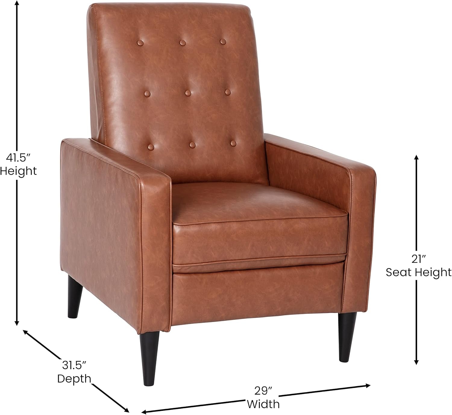 Erza Leathersoft Button Tufted Pushback Recliner, Mid-Century Modern Recliner Chair for Residential and Commercial Use, Cognac Brown-2