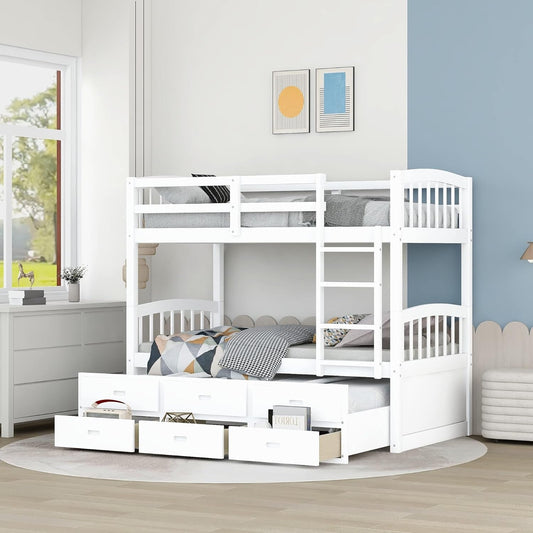 Harper&Bright Designs Twin over Twin Bunk Bed with Twin Trundle, 3 Storage Drawers, Safety Rail, and Removable Ladder, Can Be Separated into 3 Bed, White-0