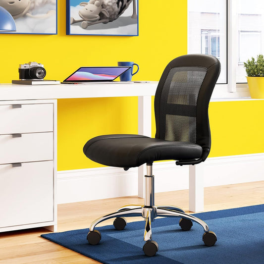 Essential Armless Deskchair, Small Task Chair with Wheels, Breathable Mesh Back, quality Foam Cushion Seat for Comfort, Functional, Lightweight and Versatile, Black-1