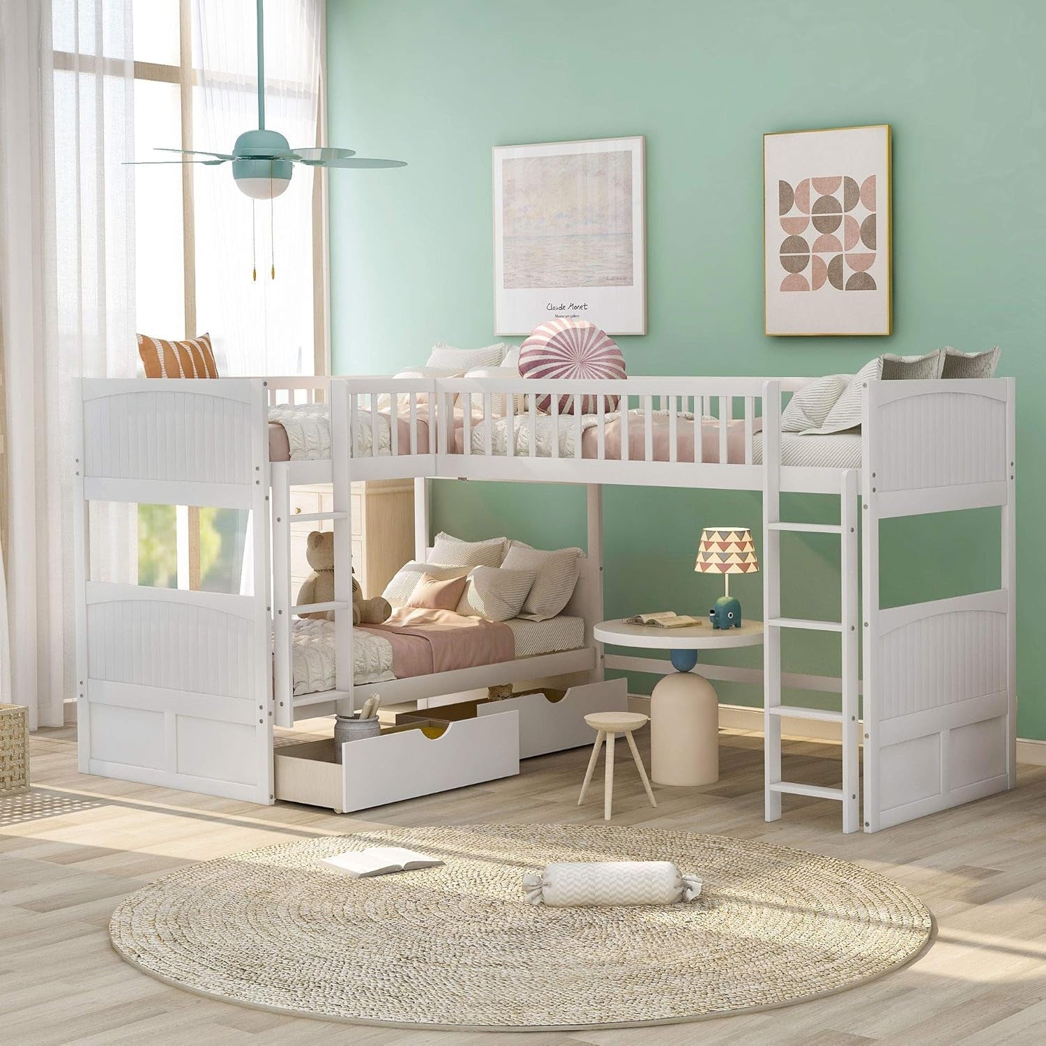 L Shaped Solid Wood Bunk Bed, Twin over Twin over Twin Bed with 2 Drawers and 2 Ladders, Twin Size Bunk Bed with a Loft Bed Attached, White-0
