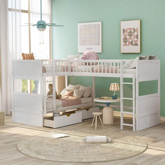 L Shaped Solid Wood Bunk Bed, Twin over Twin over Twin Bed with 2 Drawers and 2 Ladders, Twin Size Bunk Bed with a Loft Bed Attached, White-0