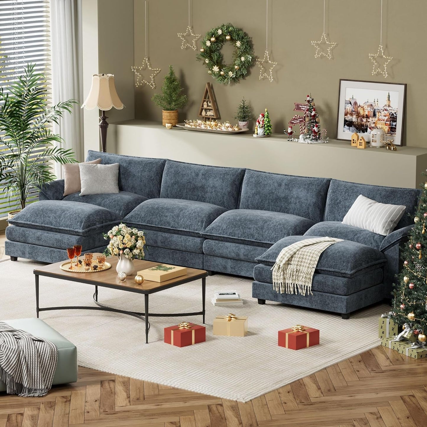 Sectional Modular Sofa U Shaped Chenille Fabric Couch with High Supportive & Soft Sponges and Removable Ottoman, Sleeper Comfy Upholstered Furniture for Living Room, Blue-3