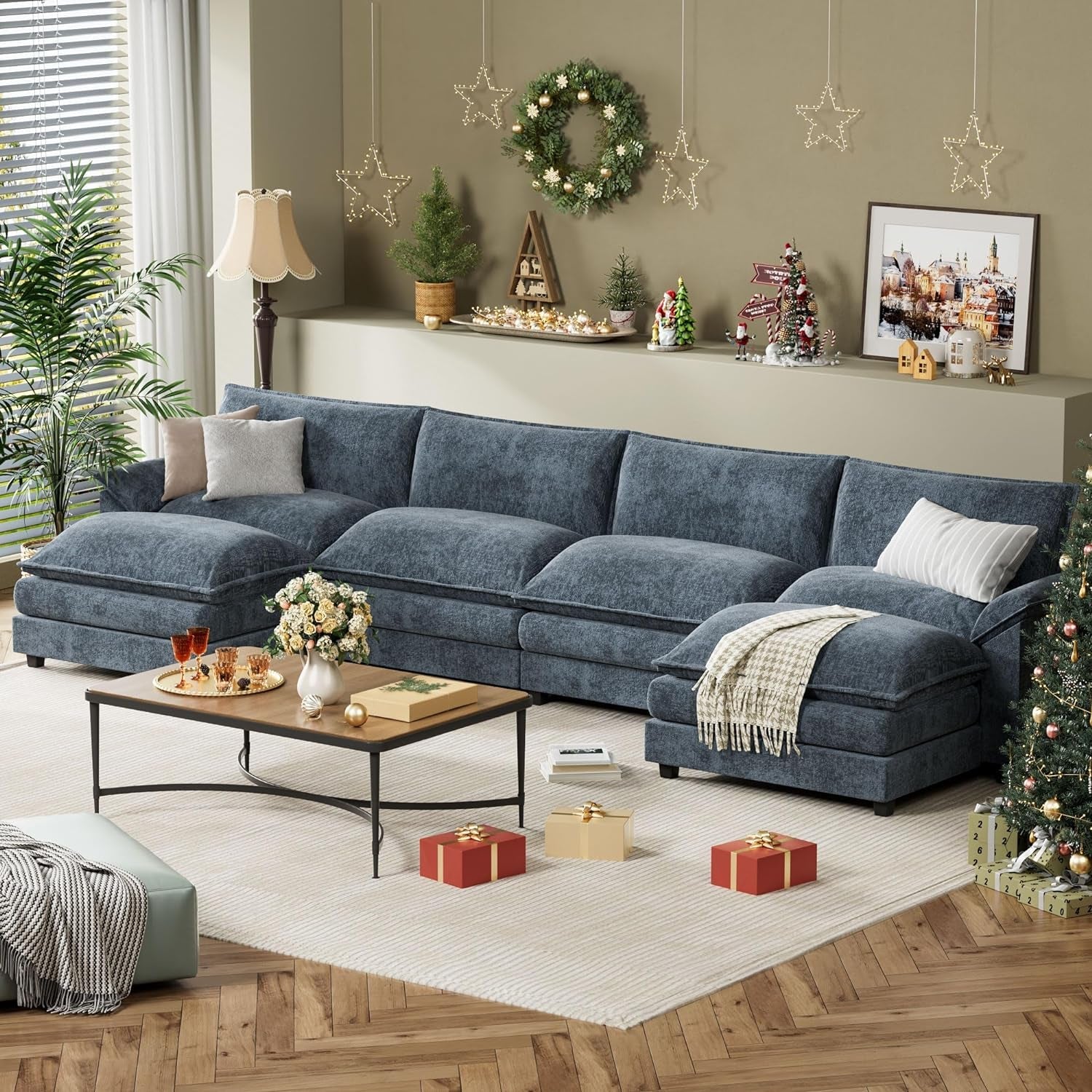 Sectional Modular Sofa U Shaped Chenille Fabric Couch with High Supportive & Soft Sponges and Removable Ottoman, Sleeper Comfy Upholstered Furniture for Living Room, Blue-3
