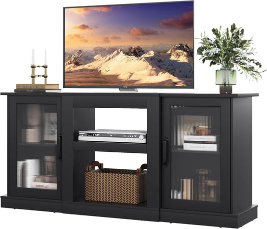 Retro TV Stand for 65 Inch TV, TV Console Cabinet with Storage, Open Shelves Entertainment Center for Living Room and Bedroom, Black-0