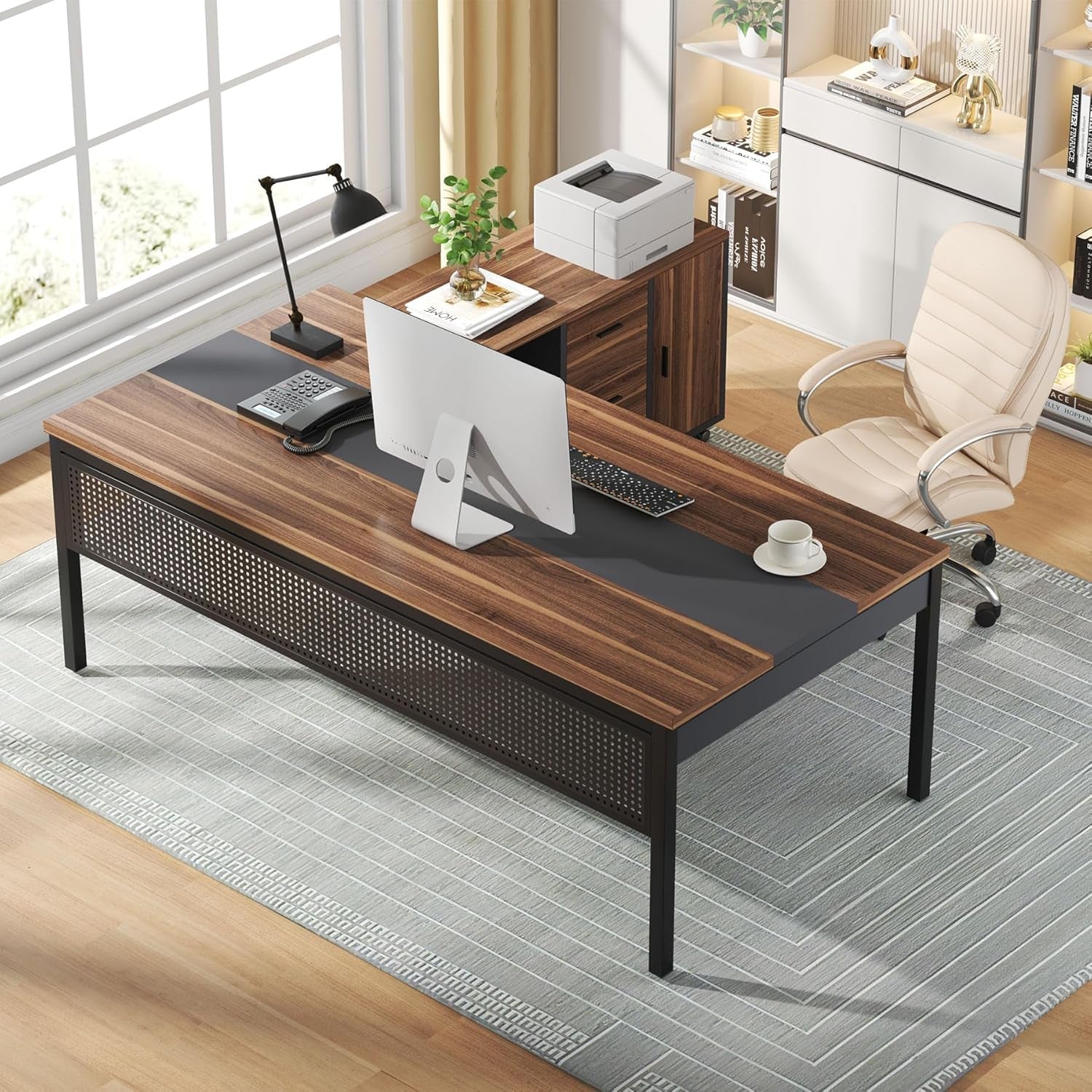 70.8" Large Executive Office Desk and 47" Lateral File Cabinet Combo, L-Shaped Computer Desk 2 Piece Business Furniture with Drawers and Shelves, Home Office Workstation, Walnut-2