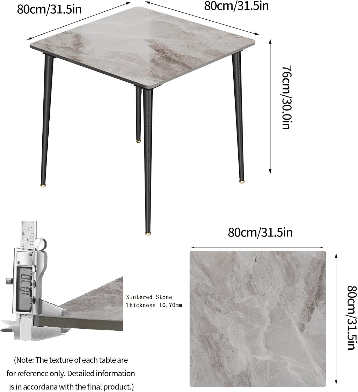 Square Kitchen Dining Table: Sintered Stone Dining Room Table Modern Coffee Table Marble Table with Stable Metal for Kitchen Living Room Office Patio Seaside, 31.5X31.5X29.92 Inch-2