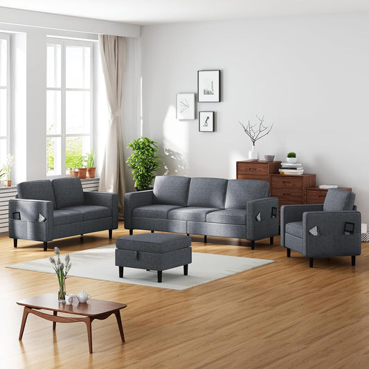 6 Seaters Sectional Upholstered Sofa, Linen Fabric Sofa Couch with Side Pockets, Free Combination Sofa Set with Movable Storage Ottoman, for Living Room-Sofa&Loveseat&Chair&Ottoman,Dark Grey-0