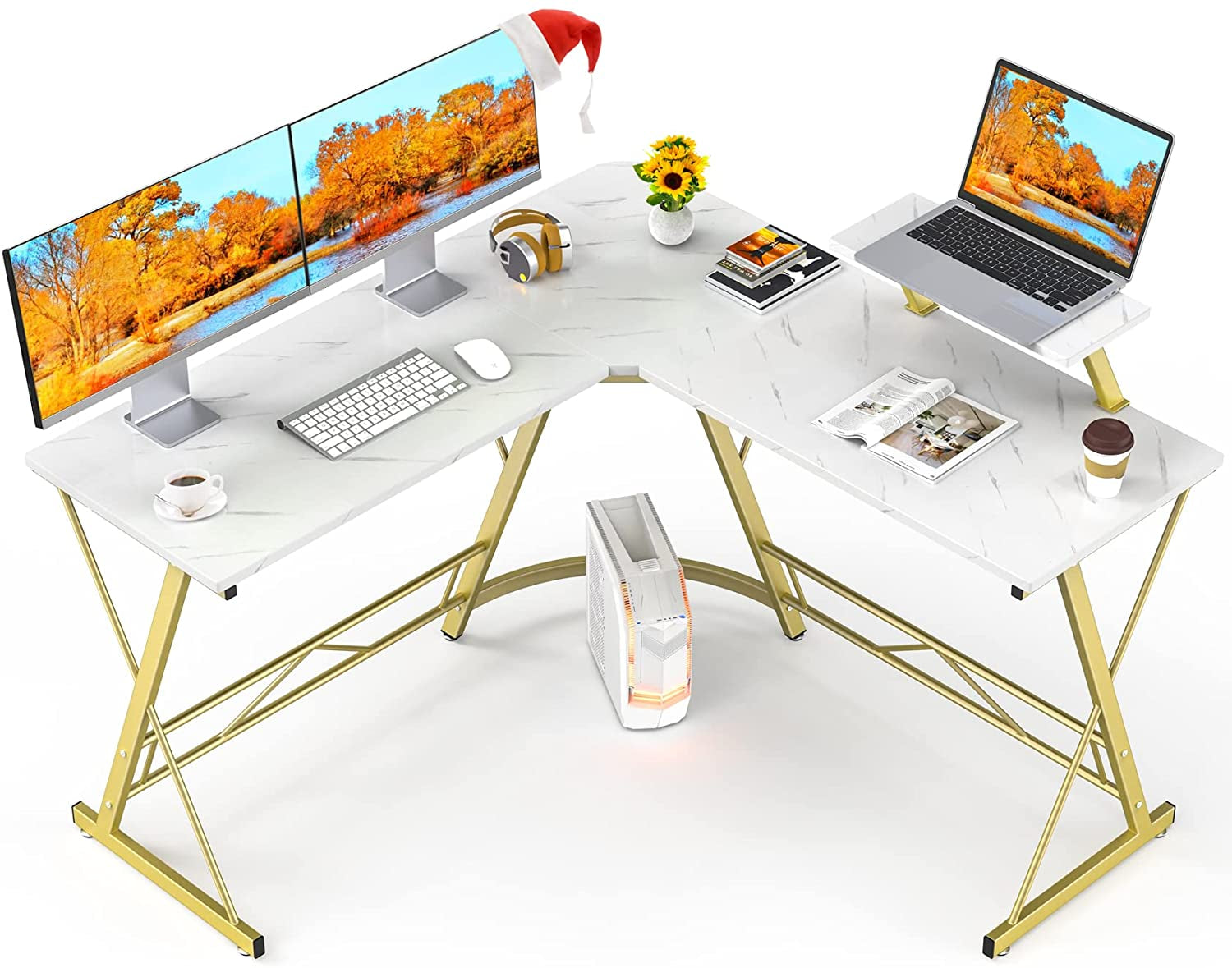 Marble Laminate L-Shaped Gaming Desk with Monitor Stand-0