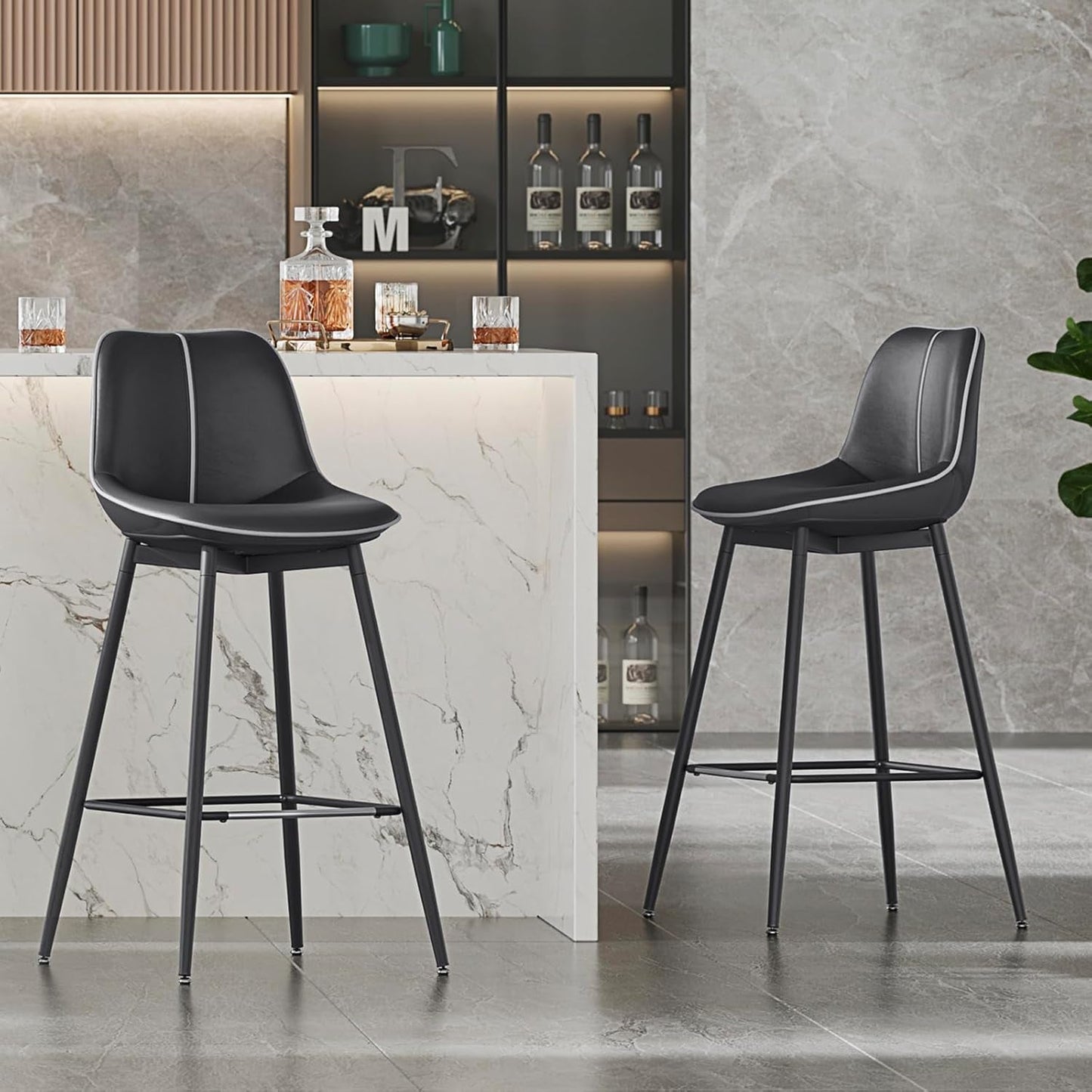 Bar Stools Set of 2, Bar Height Bar Stools with Back, Ergonomic Backrest, Synthetic Leather, Metal Legs, 28.7-Inch Tall Stools for Kitchen Island Home Bar, Ink Black ULBC888B01-0