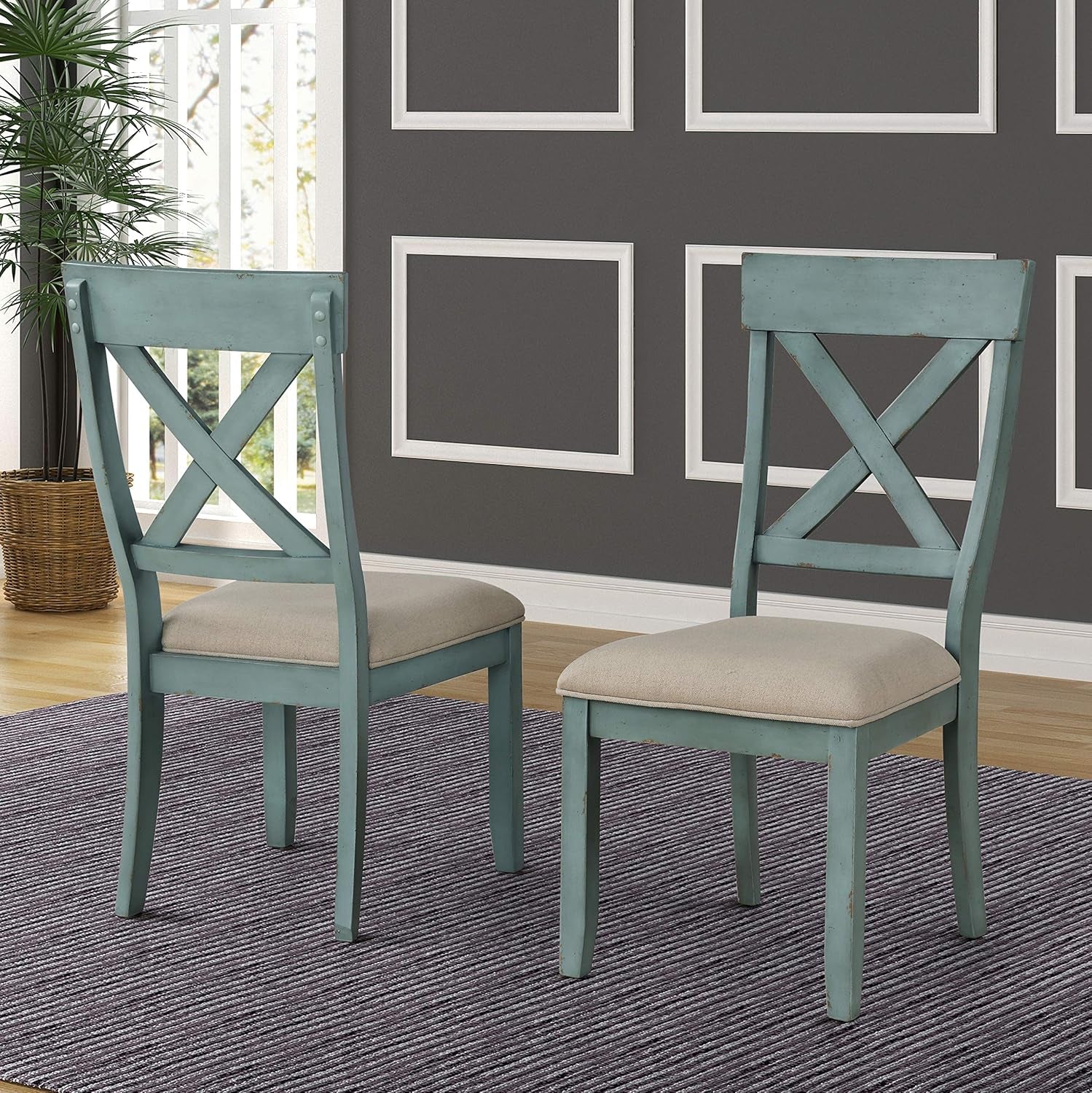 Prato Two-Tone Wood Cross Back Upholstered Dining Chairs, Set of 2, Blue and Tan-0