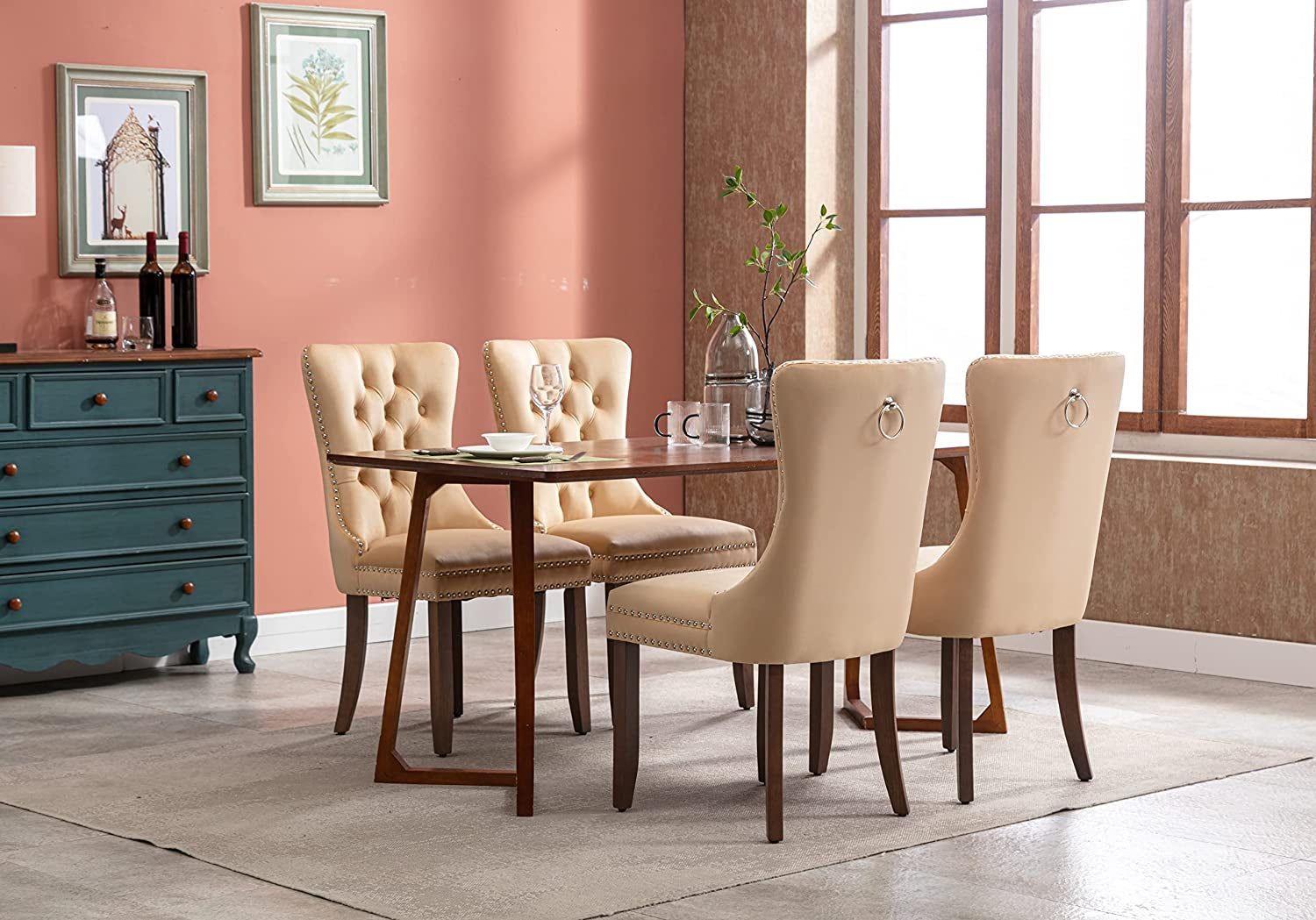 Set of 2 Beige Velvet Upholstered Dining Chairs, Button Tufted, Nailhead Trim, Back Ring Pull, Gold, 20″ Seat Height-0