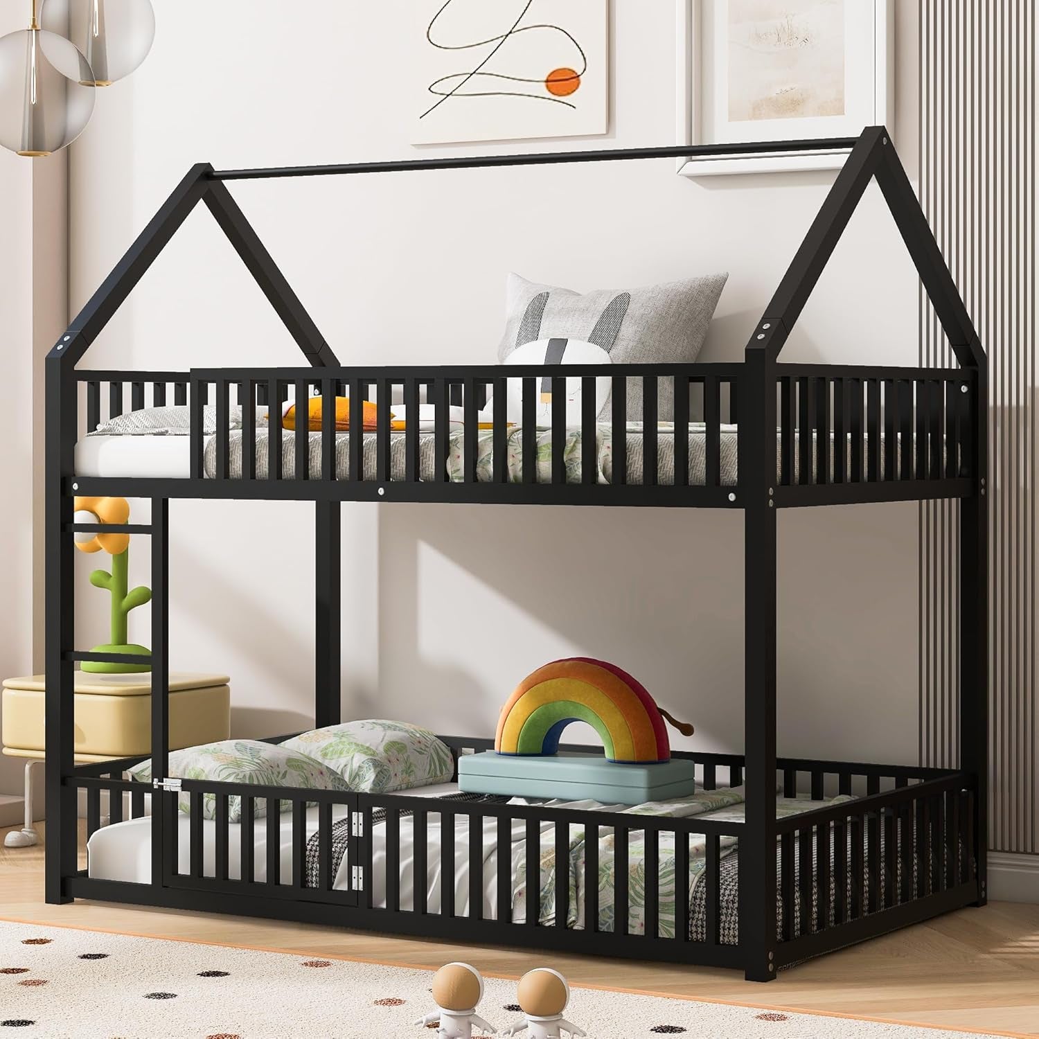 Metal Bunk Beds Twin over Twin Size, Twin over Twin Bunk Beds for Kids, Floor Bunk Bed, House Bunk Bed for Kids，Black-3