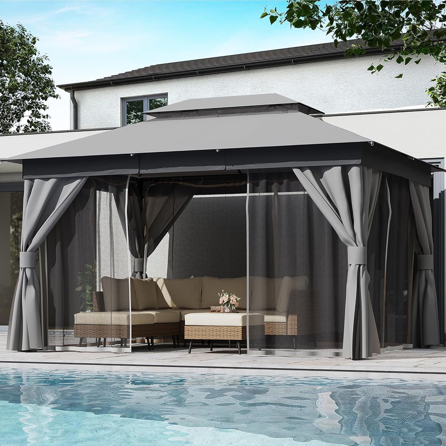 Outdoor Patio Gazebo 10'X13' with Expansion Bolts, Heavy Duty Party Tent & Shelter with Double Roofs, Mosquito Nettings and Privacy Screens for Backyard, Garden, Lawn, Smoke Grey-0