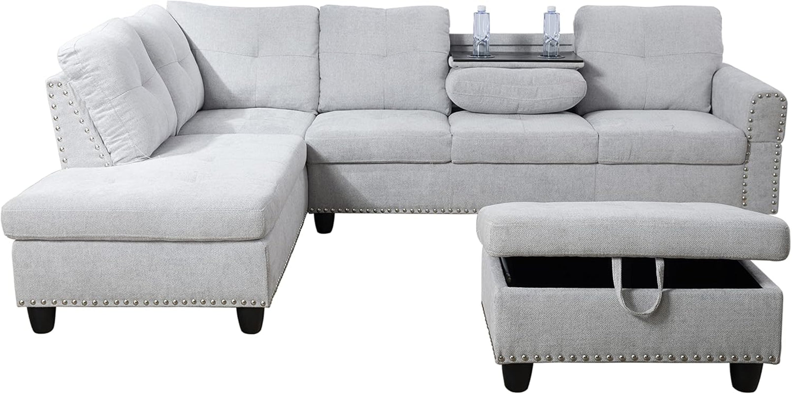 L Shaped Sectional Couch with Otttoman, 97" Sectional Sofa for Living Room Flannel Modular Couches with Cup Holders for Bedroom, Apartments, Grey White-4