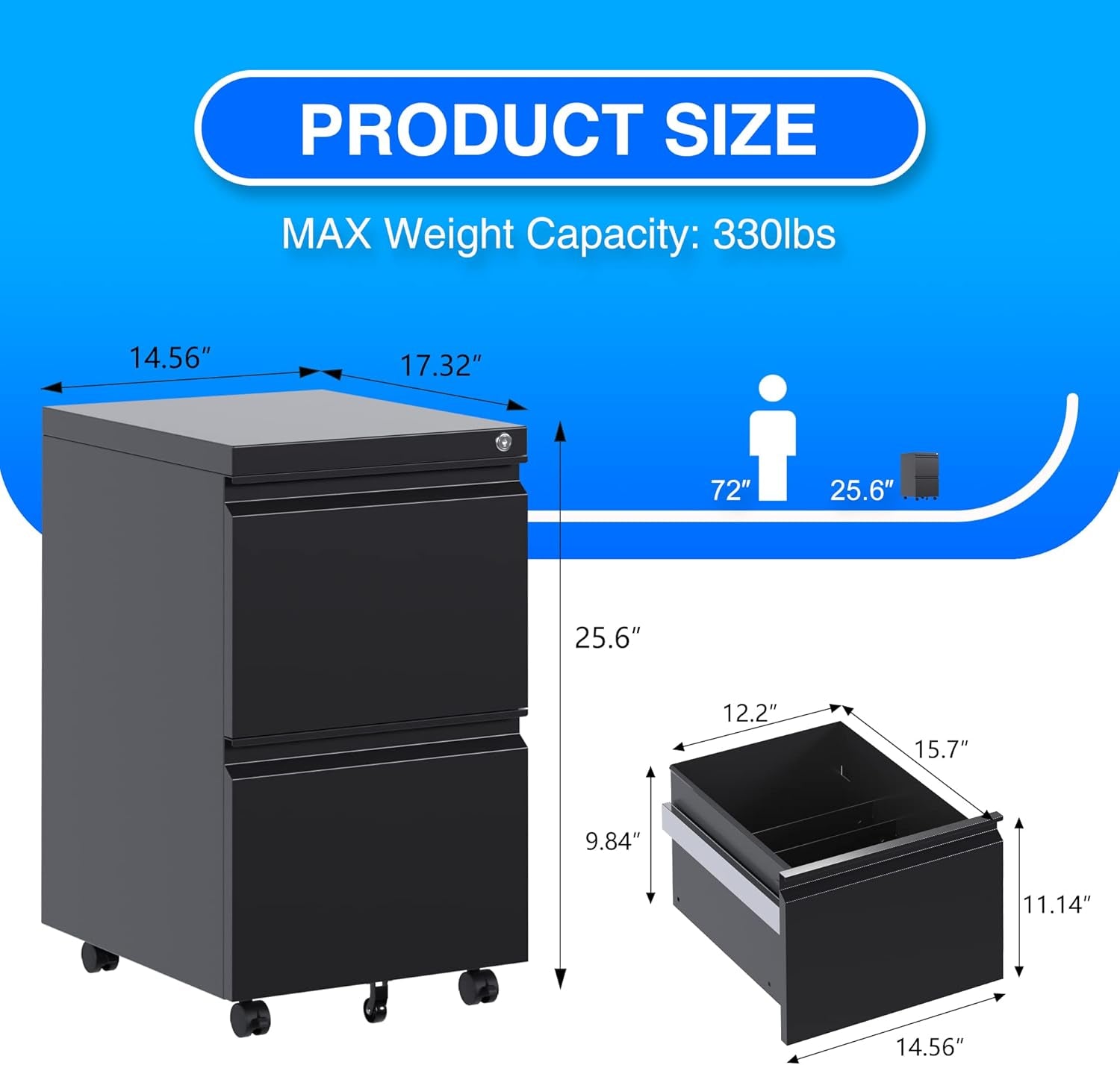 2 Drawer Vertical File Cabinet with Lock, Mobile Metal Filing Cabinet for Legal/Letter Size, Office Storage File Cabinet under Desk, Fully Assembled except Wheels, Black-2