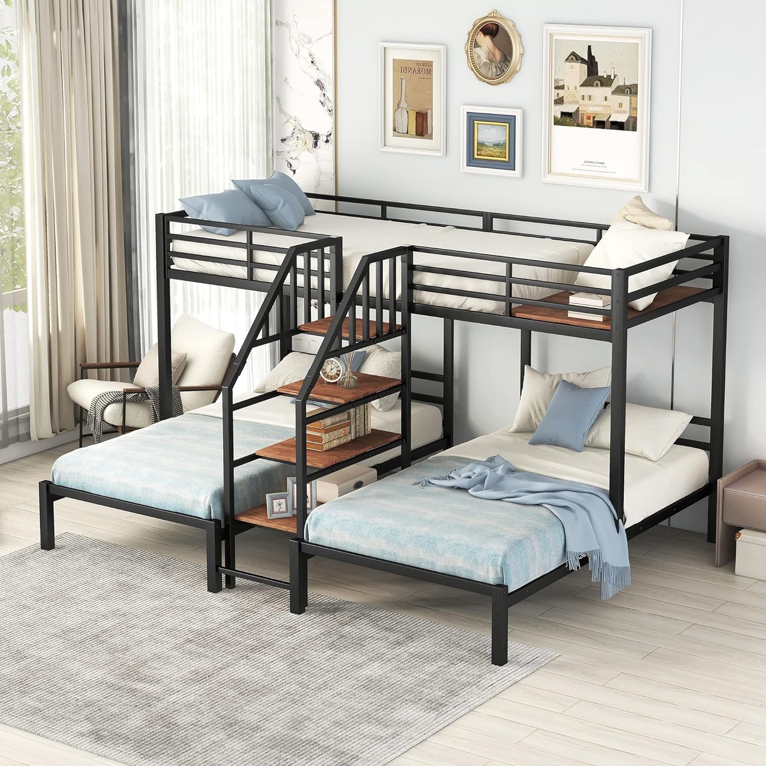 Twin over Twin & Twin Metal Bunk Bed, Triple Bunk Bed Frame with Storage Shelves Staircase, Black-0