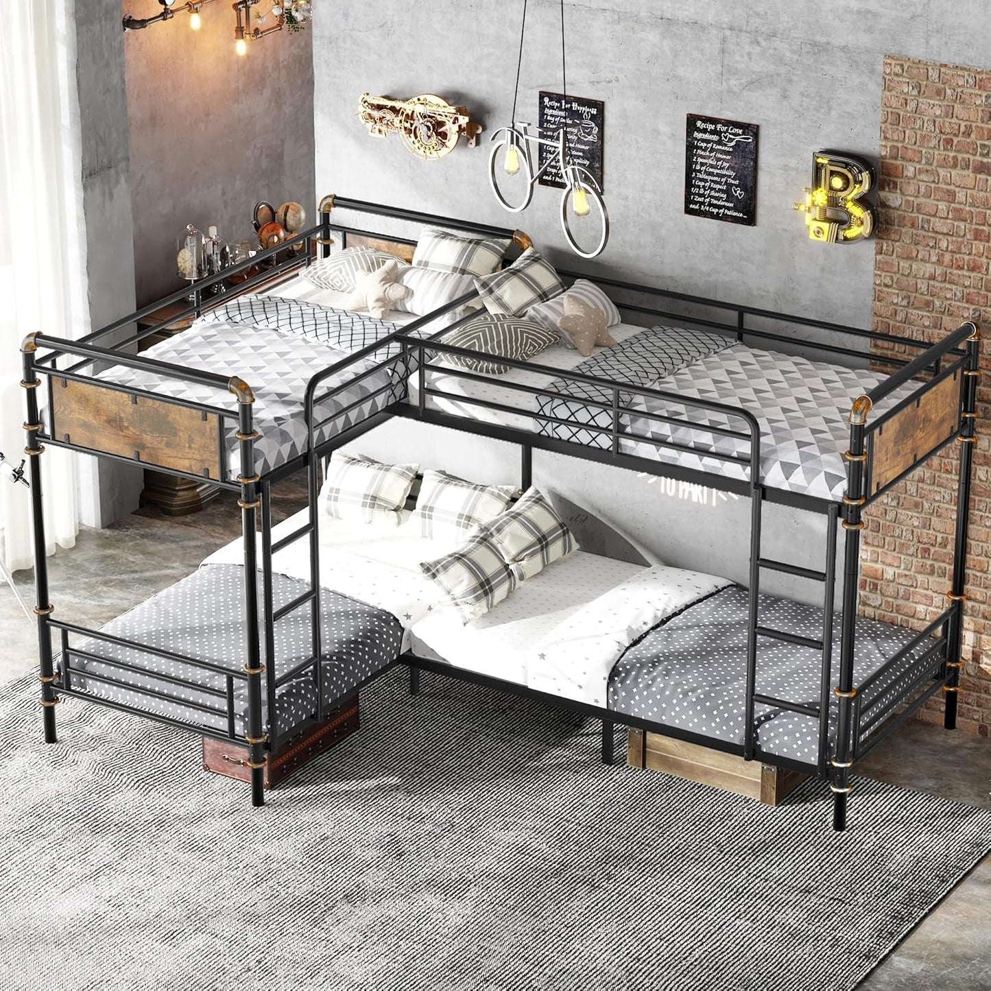 Quad Bunk Bed, Heavy Duty Metal 4 Bunk Beds for Kids with Ladders, Detachable Industrial L-Shaped Bunk Beds, Space Saving Design,Can Be Divided into 3 Twin Beds, Black-0