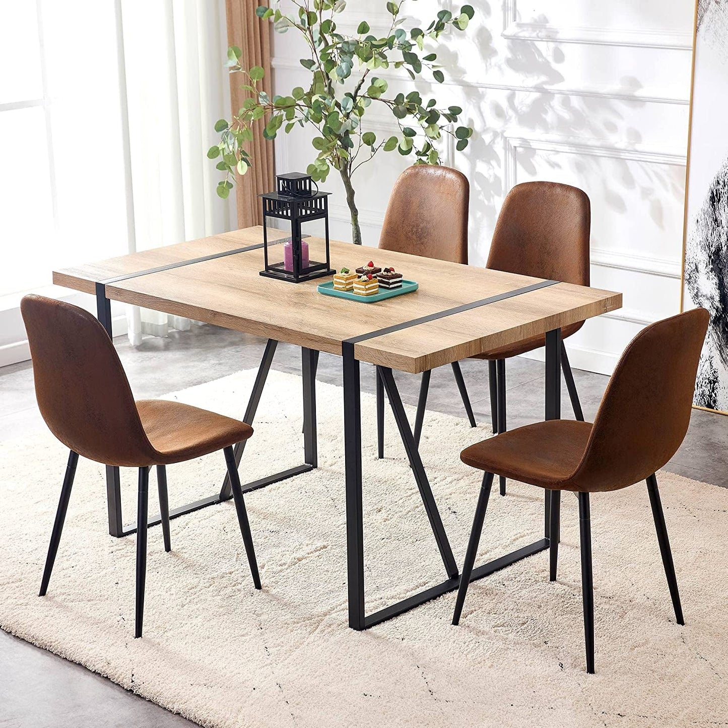 5 Piece Modern Farmhouse Wood Dining Table Set with Upholstered Chairs-0