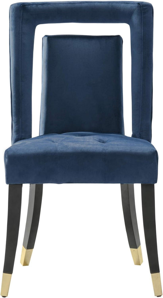 Elsie Dining Side Chair Velvet Upholstered Nailhead Trim Seat Espresso Finished Gold Tip Tapered Wood Legs Modern Transitional (Set of 2), Navy-0