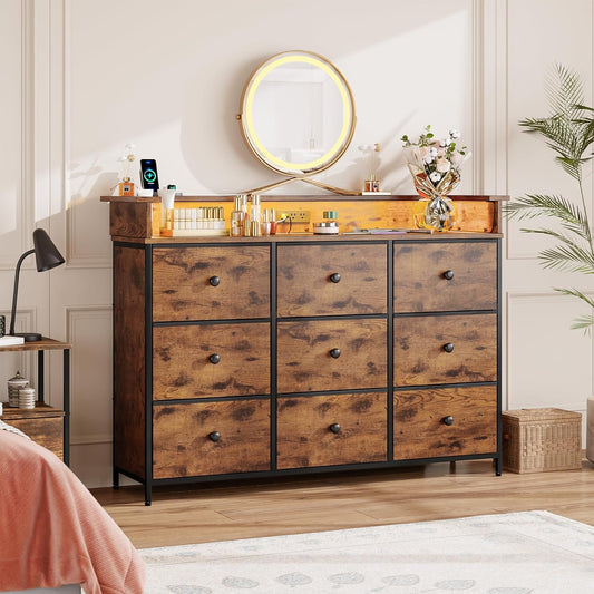 Dresser with Led Lights,Tv Stand for Bedroom with Charging Station,9 Drawer Fabric Dresser for Bedroom Hallway,Brown Dresser Chests of Drawers(Rustic Brown)-0