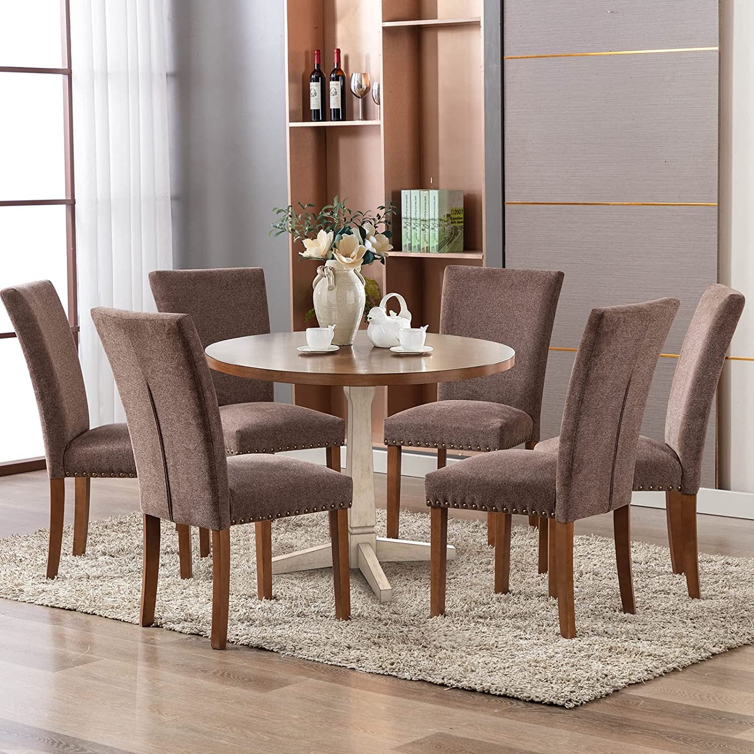 Upholstered Parsons Dining Chairs Set of 6, Brown-0