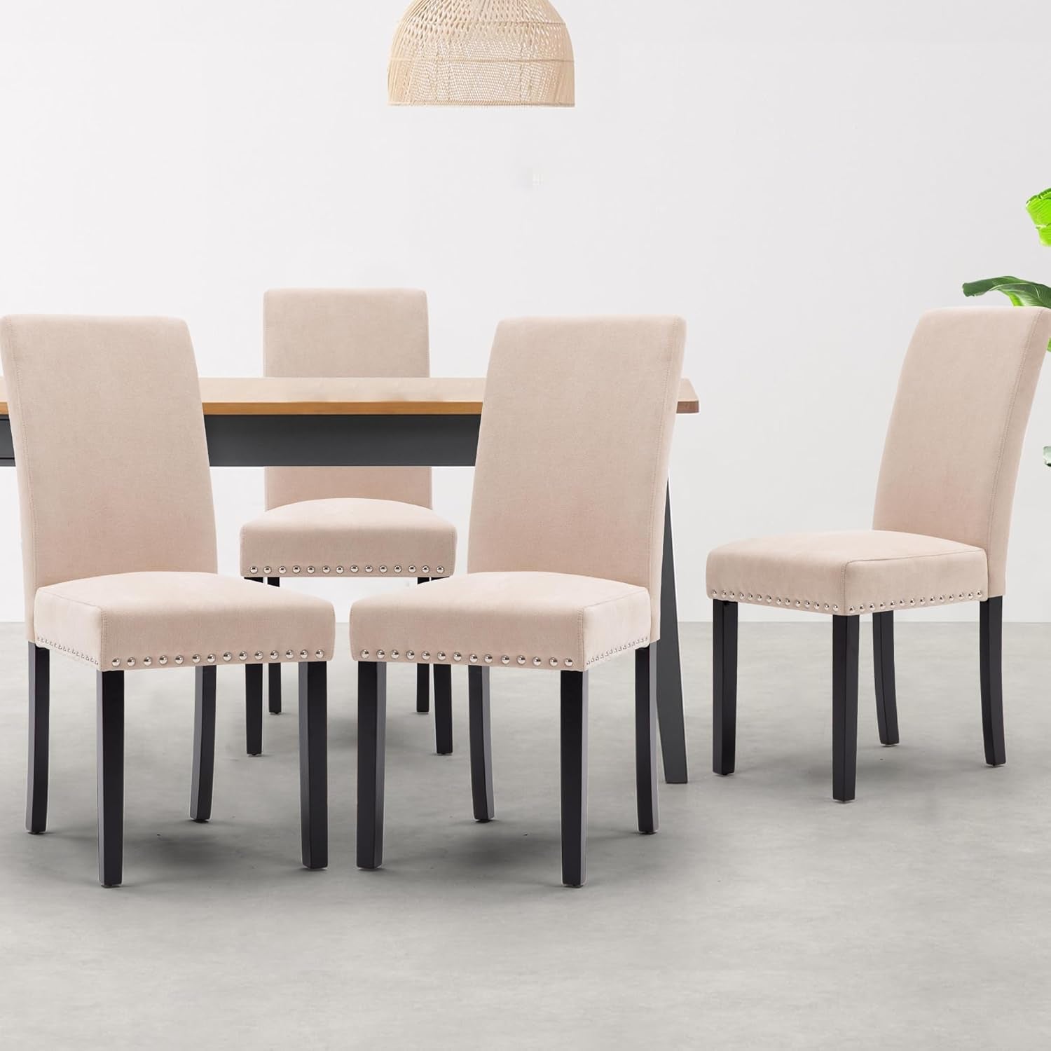 Dining Chairs Upholstered Fabric Dining Chairs with Copper Nails,Set of 4,Beige-0