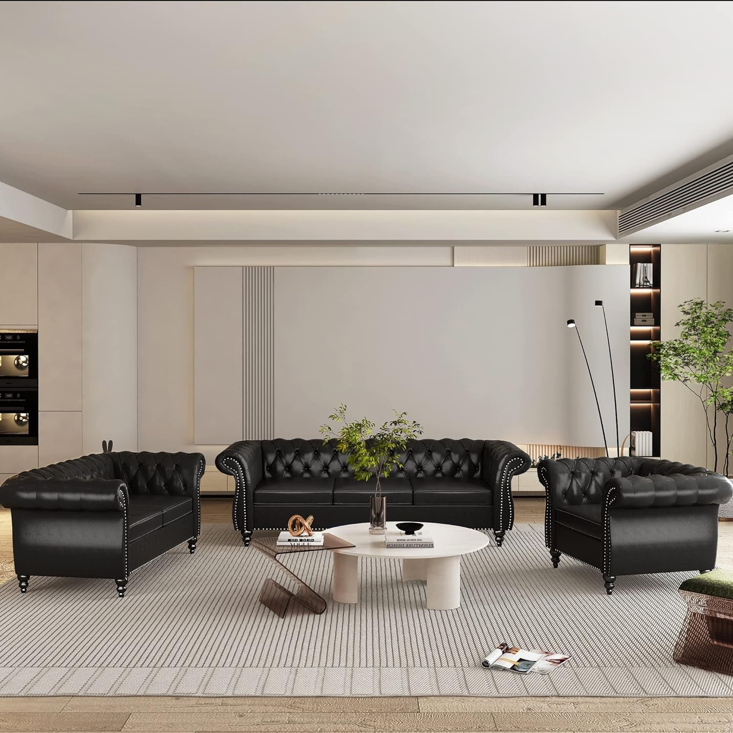 3-Piece Living Room Sectional Sofa Set, Upholstered Sofa Modern Sofa Couches Set Style Button Tufted, PU Chesterfield Sofa for Living Room Apartment, 1+2+3 Seat PU Black-2