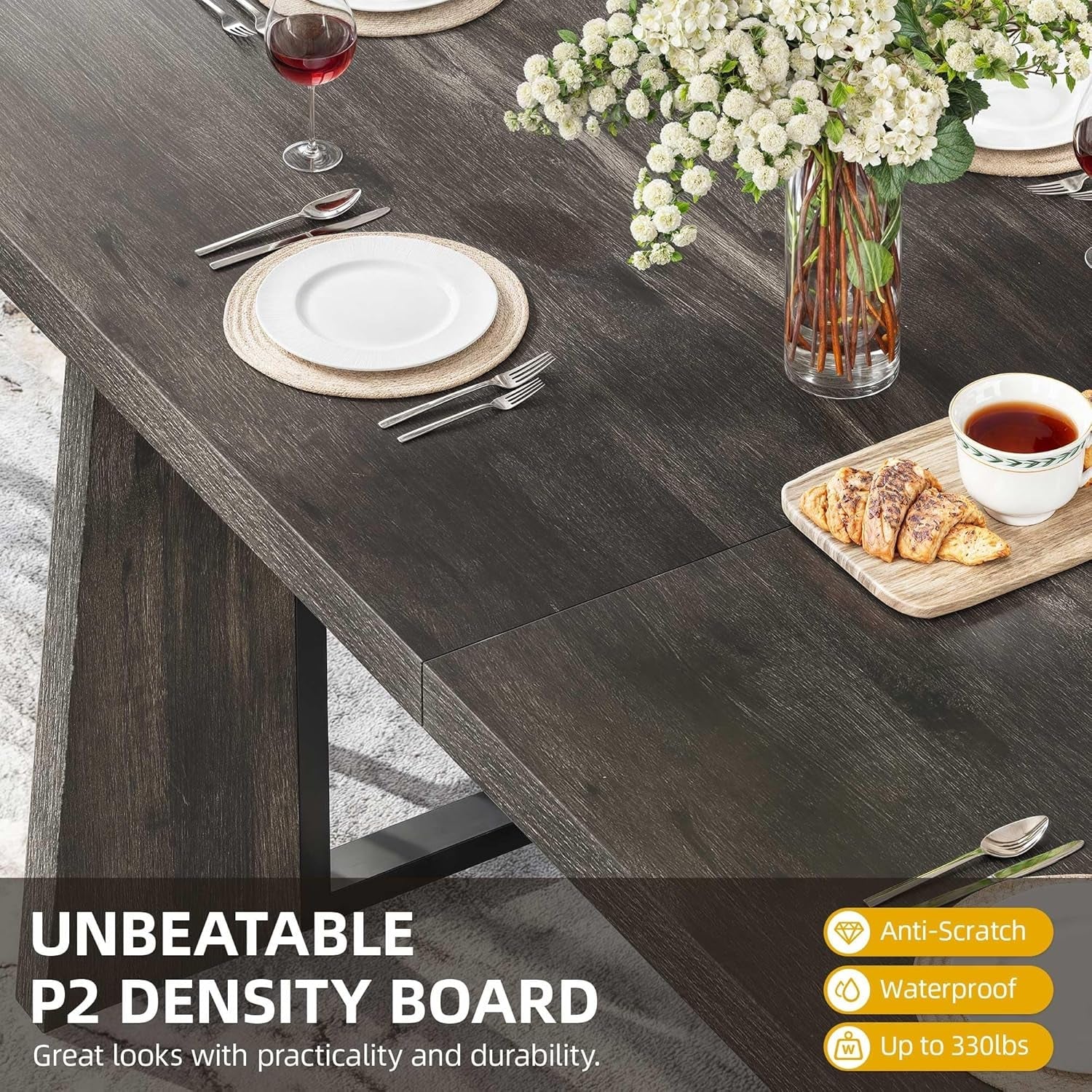 Rectangle Dining Table for 6-8 People 70.86 Inch Large Dining Room Table Wooden Dinner Table with Heavy Duty Legs for Kitchen Apartment Restaurant Rustic Grey-2