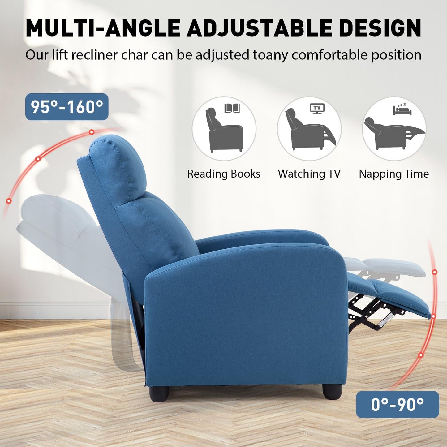 Recliner Chair Single Reclining Sofa Home Theater Seating with Lumbar Support and Padded Backrest for Living Room and Bedroom (Fabric, Blue)-3