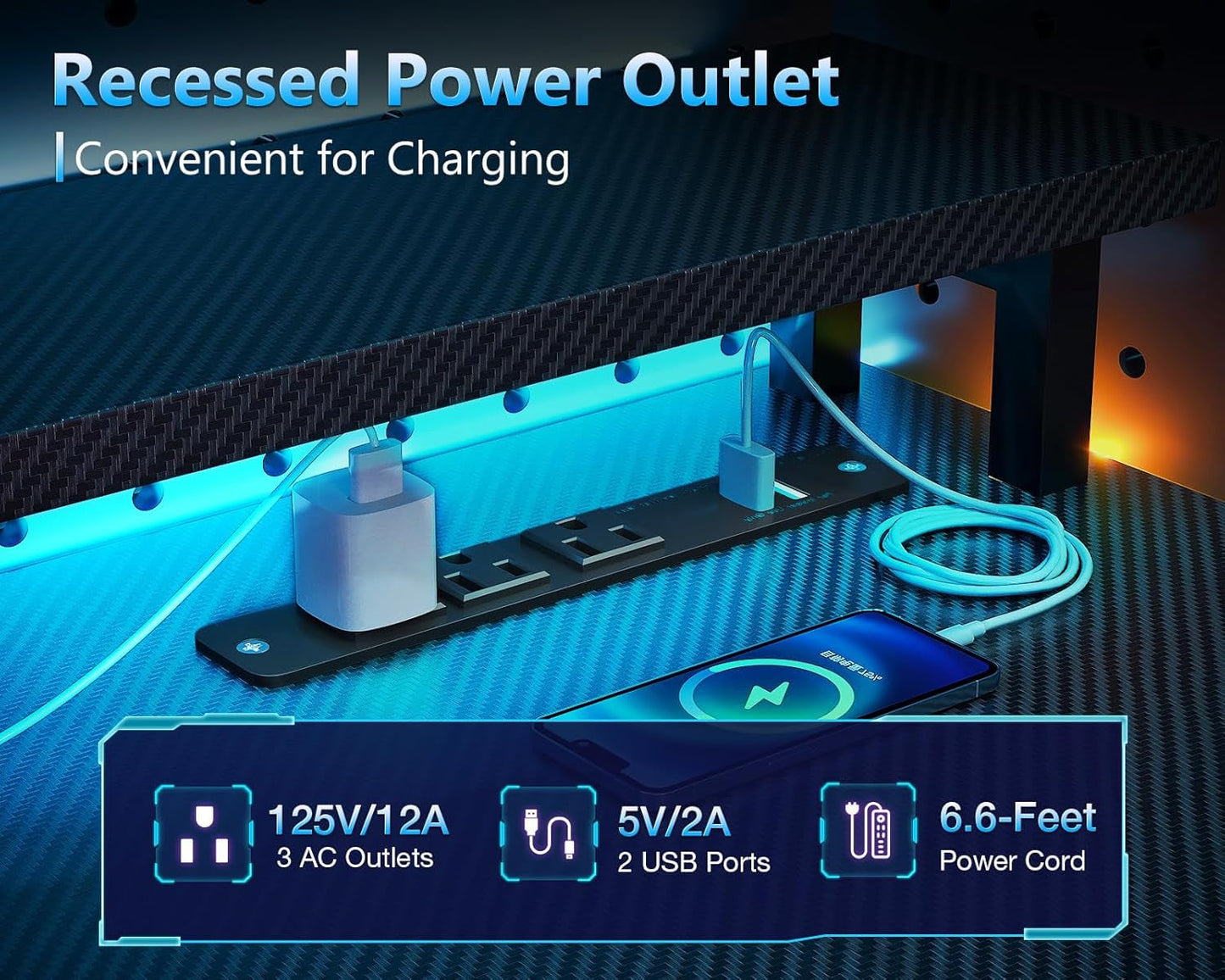 59 Inch Gaming Desk with USB Charging Ports & LED Light- Reversible Computer Desk with Storage Shelves & Monitor Stand, Modern Gamer Desk Table with Fabric Drawers & Side Hook, Carbon Fiber Black-2