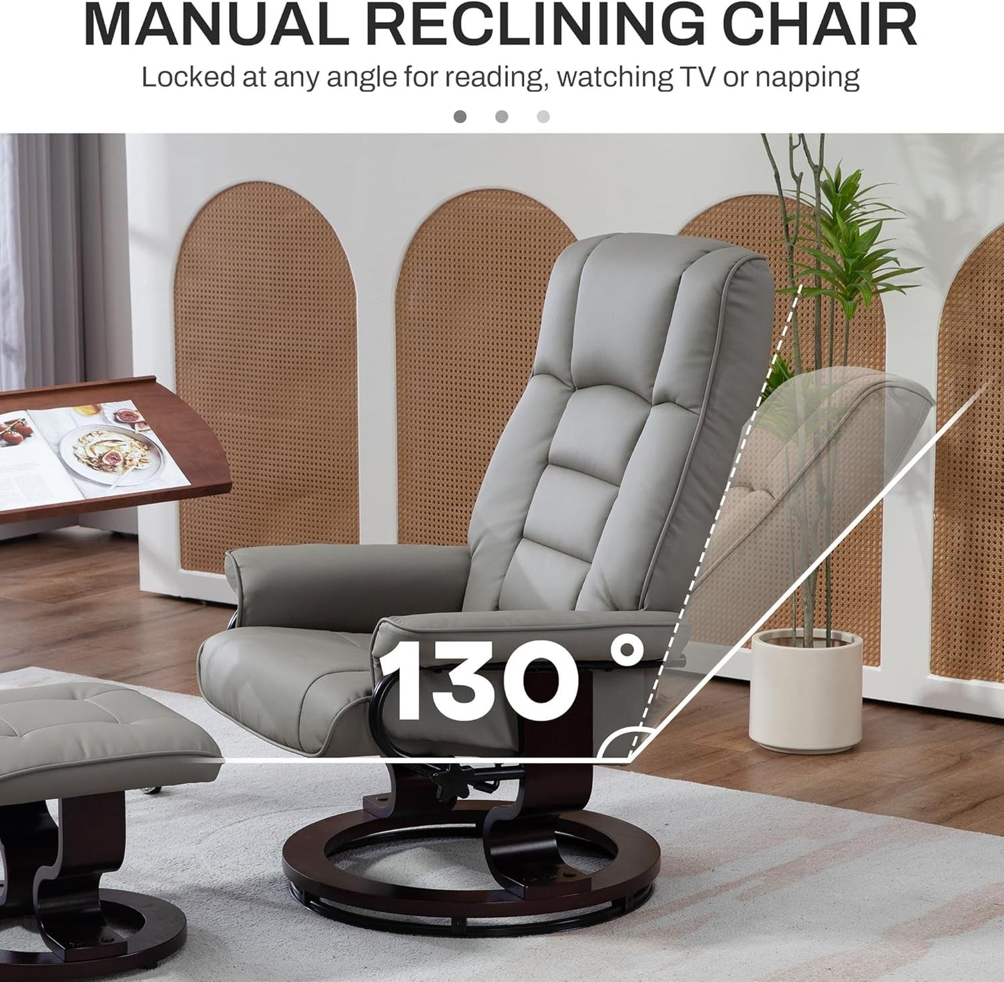 Faux Leather Reclining Chair, Swivel Ottoman Chair, Recliner with Ottoman with High Back and Wood Frame for Living Room, Gray-3