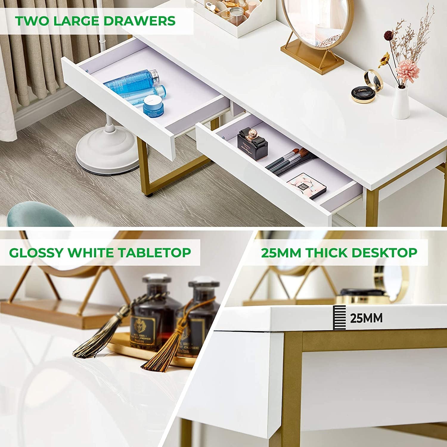 White Glossy Vanity Desk with Gold Legs, 2 Drawers-4