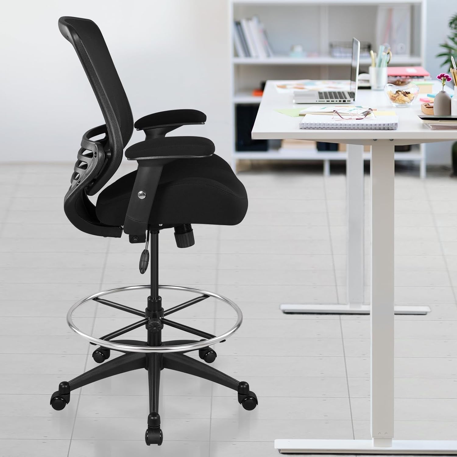 400Lbs Mesh Ergonomic Office Drafting Chair Big Adjustable Foot Ring Height Adjustable Armrest(Black)-1