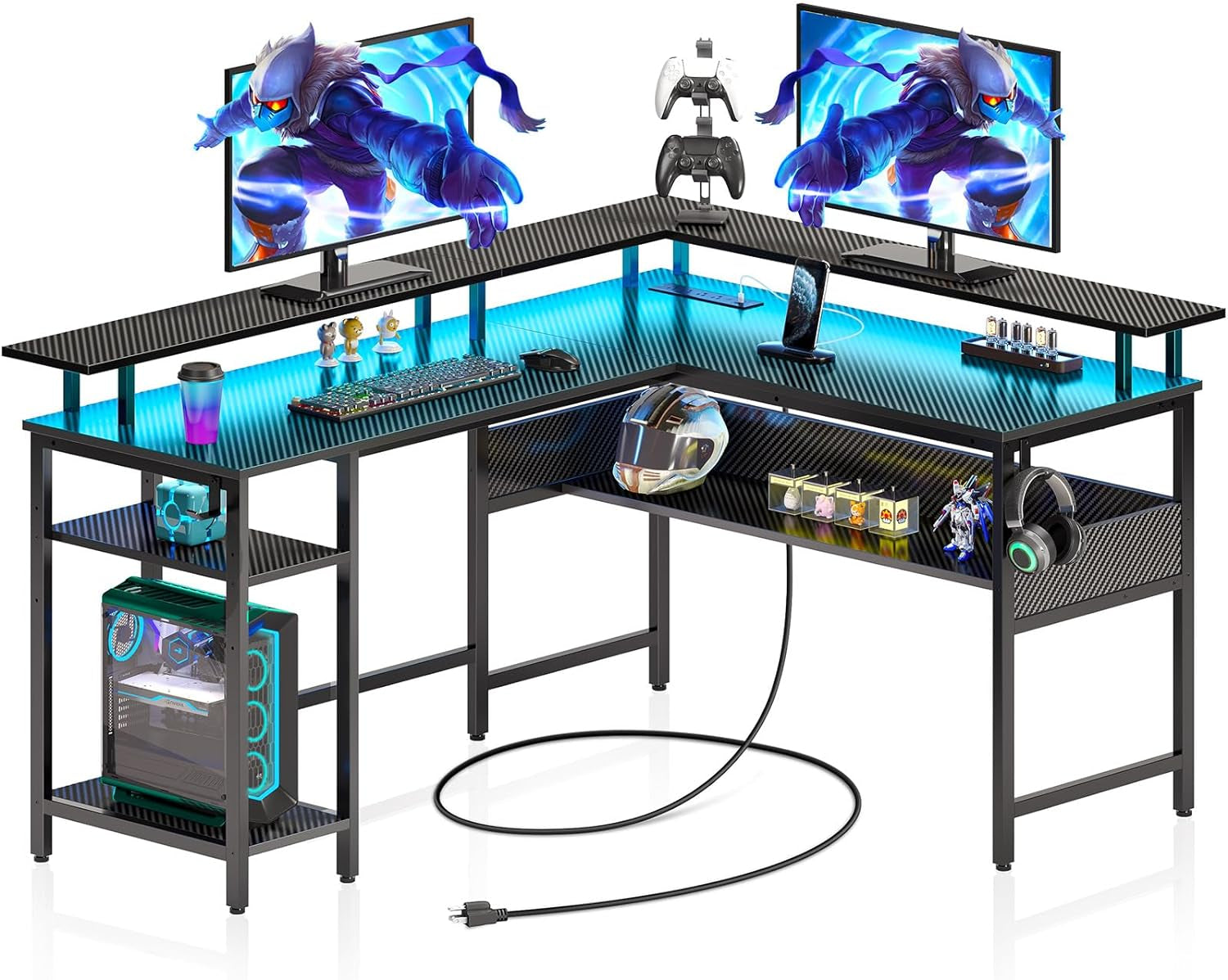 Computer Desk 56.7" with LED Lights and Power Outlets, Carbon Fiber Surface, Reversible L Shaped Gaming Desk with Monitor Stand, Office Desk with Storage, Desk with USB Port and Hook-0