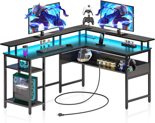 Computer Desk 56.7" with LED Lights and Power Outlets, Carbon Fiber Surface, Reversible L Shaped Gaming Desk with Monitor Stand, Office Desk with Storage, Desk with USB Port and Hook-0