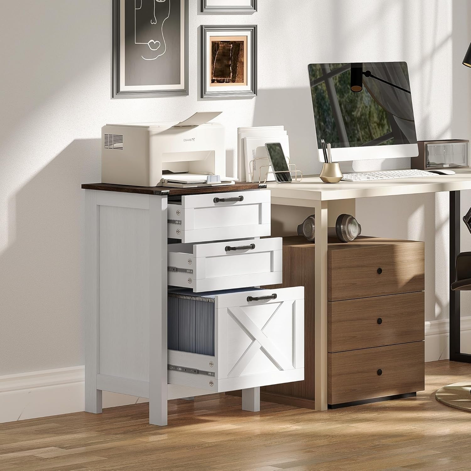 3 Drawer File Cabinet with Silent Slides, Vertical Filing Cabinet for Hanging A4/Letter Size, Rustic Farmhouse Printer Stand with Storage for Home Office, Distressed White-1