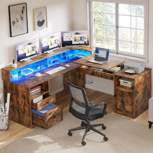 L Shaped Desk with Power Outlets & LED Lights, 60” Corner Computer Desk with Drawers & Lift Top, Home Office Desk with Monitor Stand & File Cabinet, Wood Height Adjustable Desk, Rustic Brown-0