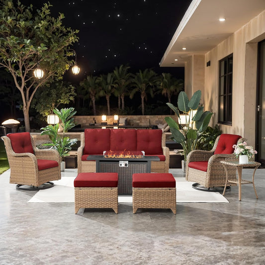 7 Pieces Patio Furniture Set with Fire Pit Table, Wicker Rattan Outdoor Furniture Set with Swivel Rocker Chairs for Yard, Deck, Garden, Yellow/Red-0