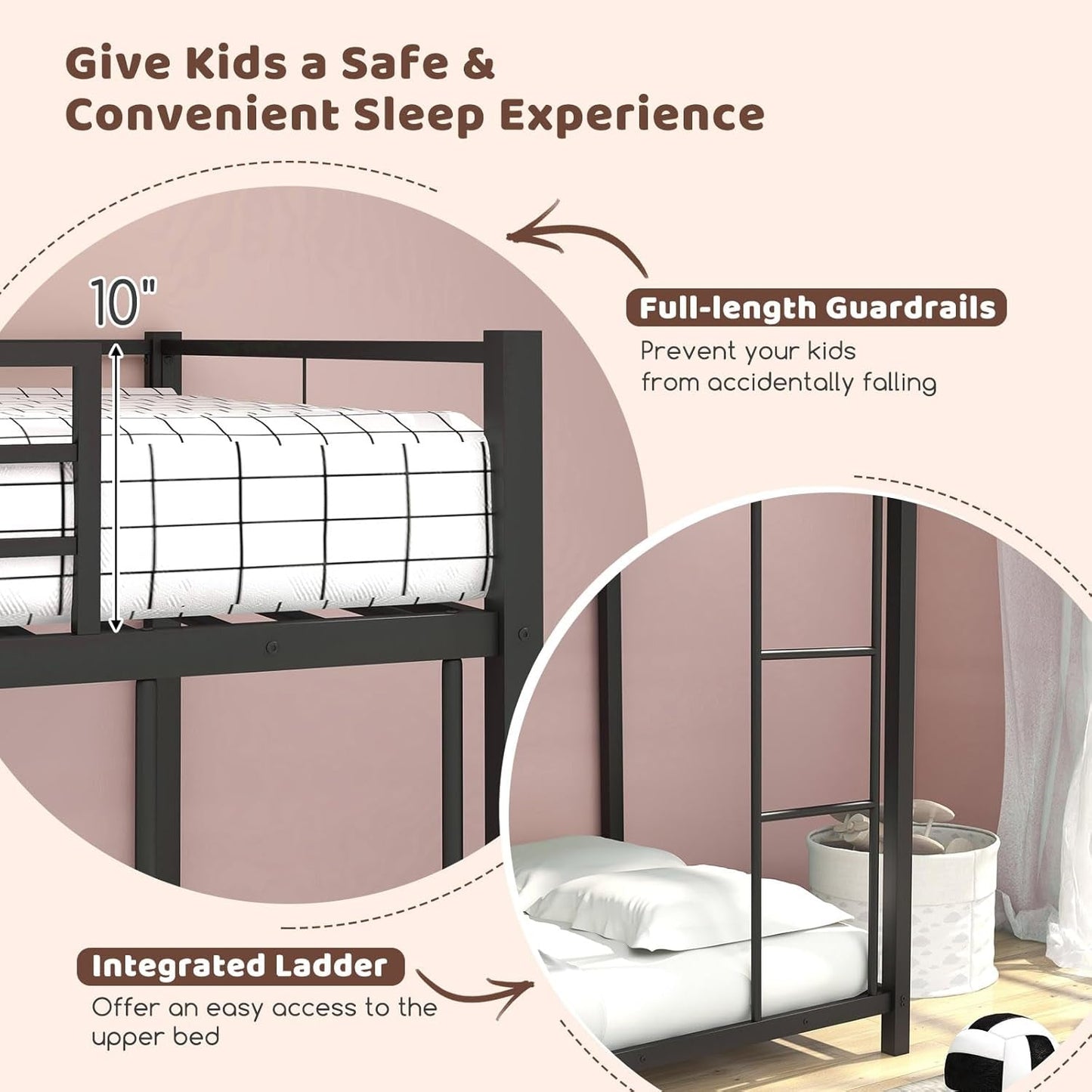 Metal Bunk Bed Twin over Twin, Classic Bunk Bed Frame with Safety Guard Rails & Side Ladder, Heavy Duty Space-Saving Design, Easy Assembly, Bunk Bed Frame for Kids (Black)-4