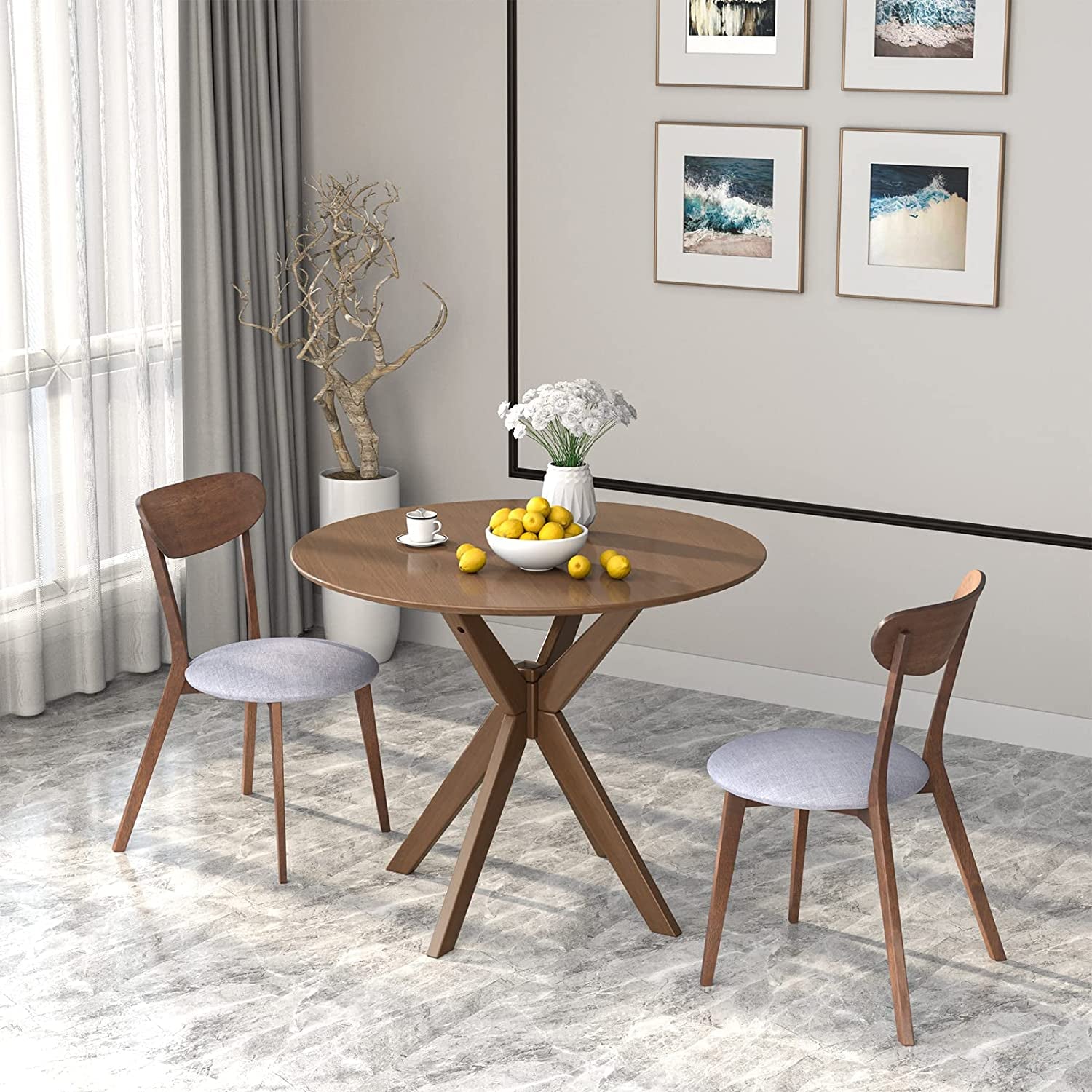 3-Piece Wooden Farmhouse round Table Set with 2 Chairs-0