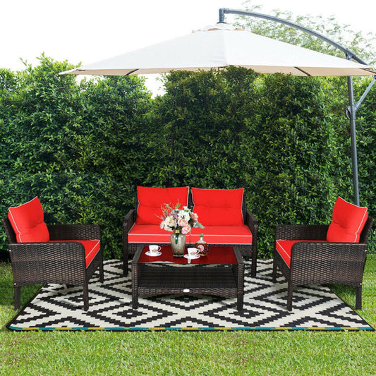 4 Pieces Patio Rattan Sofa Set Free-Combination with Cushion and Coffee Table-0
