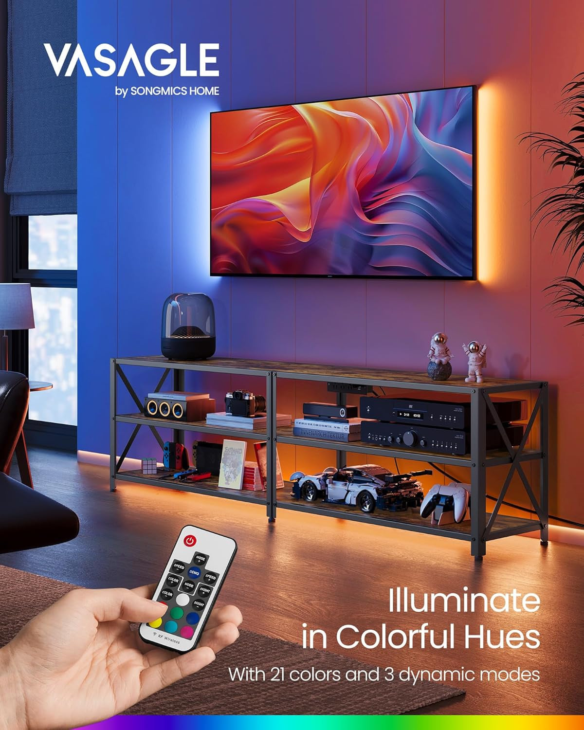 TV Stand with Power Outlets and LED Lights, for Tvs up to 65 Inches, Entertainment Center with Open Storage Shelves, TV Console Table for Living Room, Rustic Brown and Ink Black ULTV118K01-1