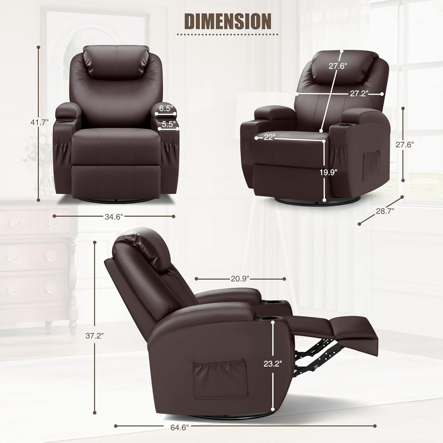 Recliner Chair, Rocking Massage Chairs, Home Reclining Sofa Chair, PU Leather, Ergonomic Living Room Chair with Cup Holders, Remote Control (Brown)-1