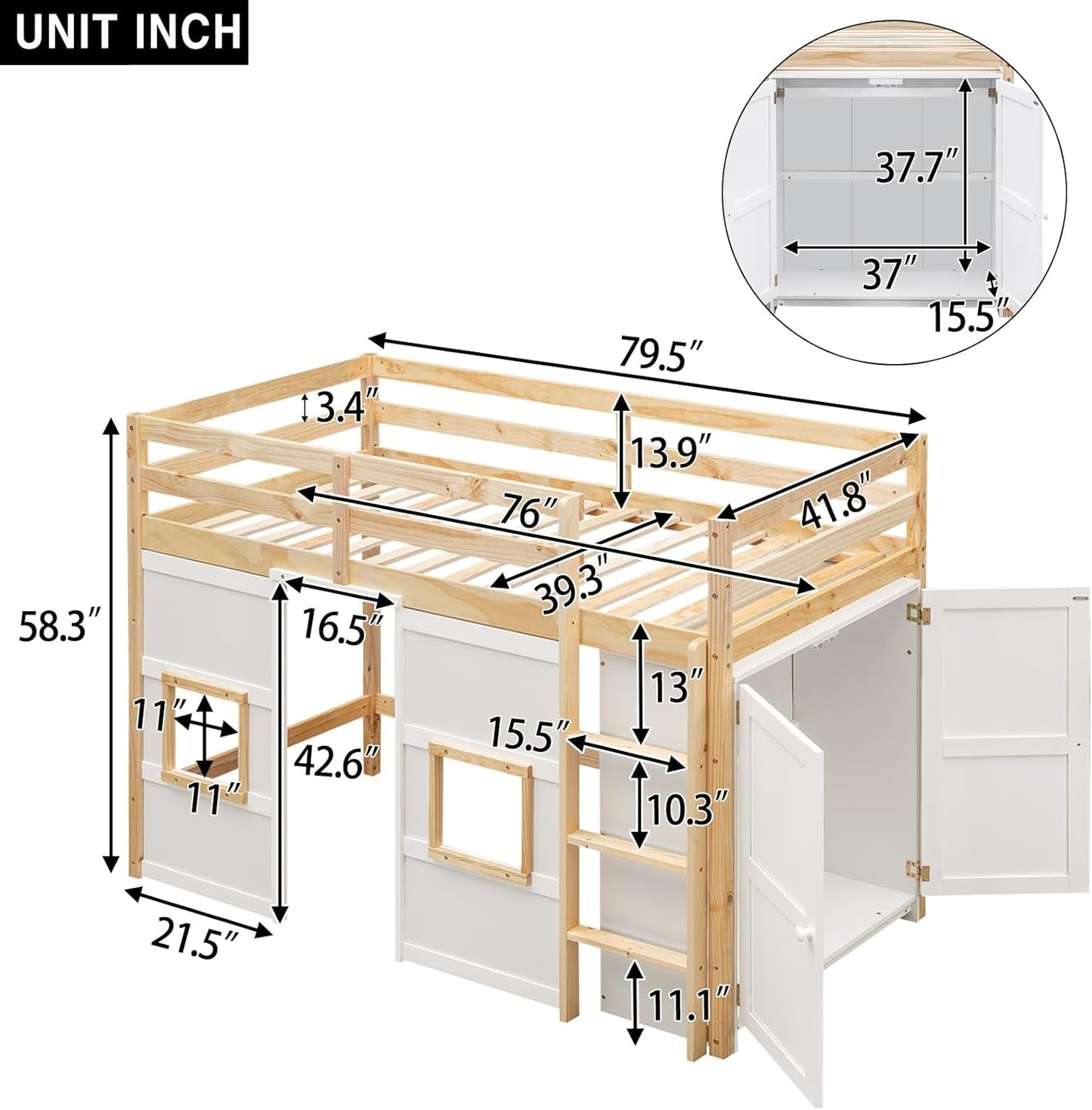 Playhouse Design Twin Size Loft Bed with Built-In Storage Wardrobe and 2 Windows, Solid Wood Loft Bed Frame with Safety Guardrail for Kids Teens Boys Girls, Space-Saving (Whit+Natural)-4