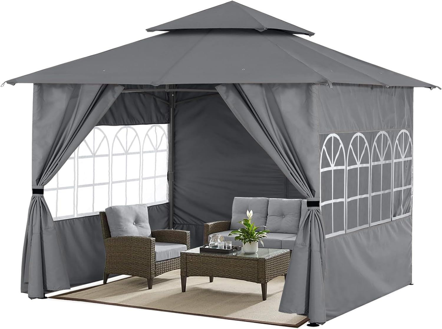 10X12 Outdoor Gazebo - Patio Screened Gazebo with Curtains and Windows for Deck, Lawn and Backyard (Dark Gray)-1