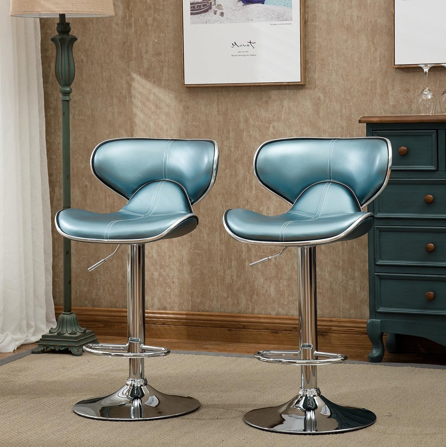 Masaccio Cushioned Leatherette Upholstery Airlift Adjustable Swivel Barstool with Chrome Base, Set of 2, Blue-4